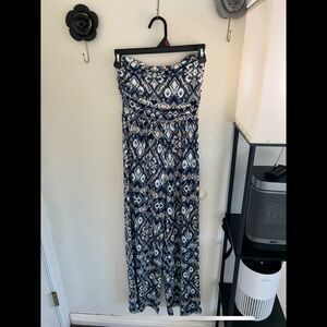Blue and White Geometric Strapless Jumpsuit